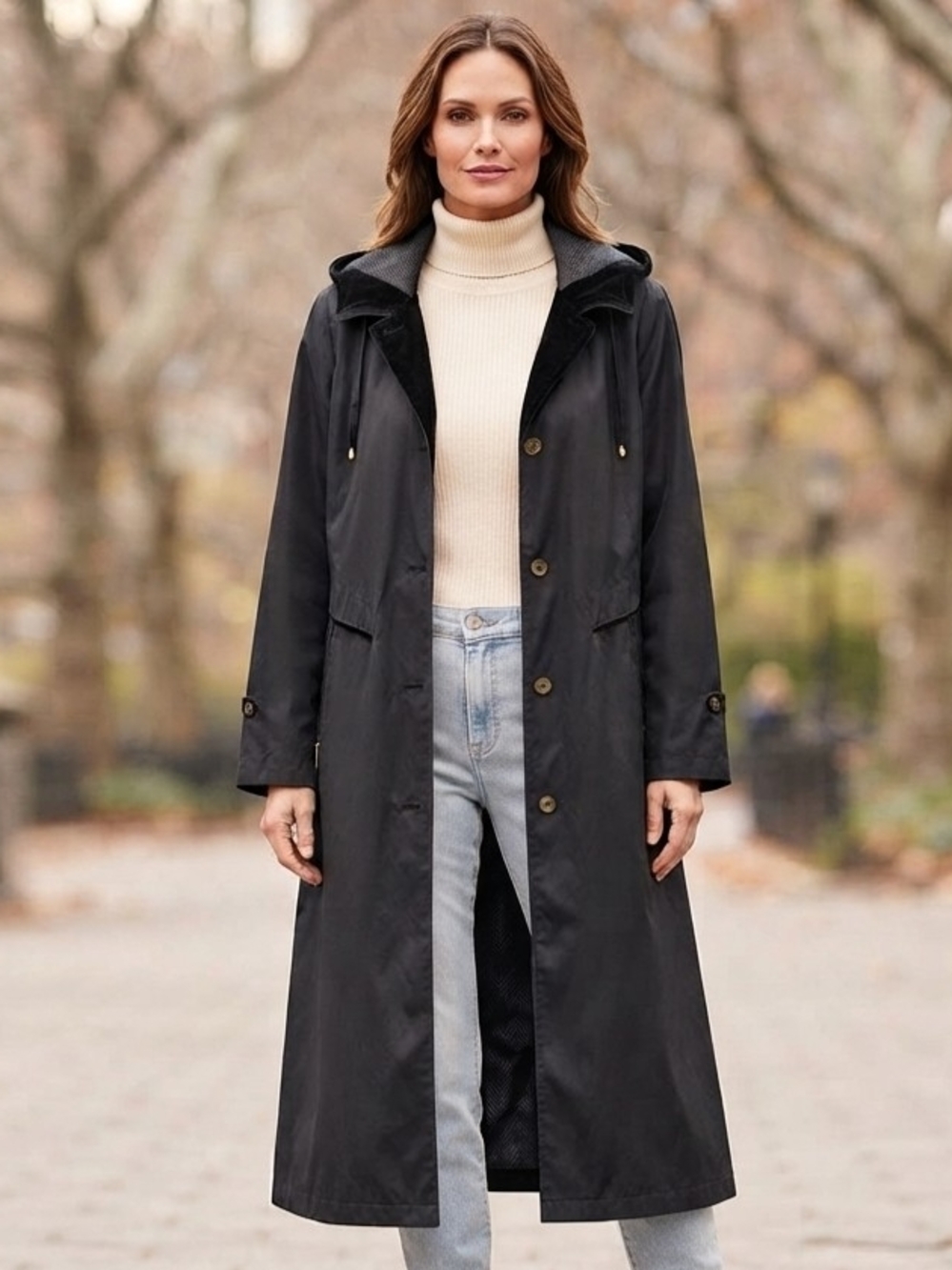 Gloria Vanderbilt Black Hooded Long Trench Coat